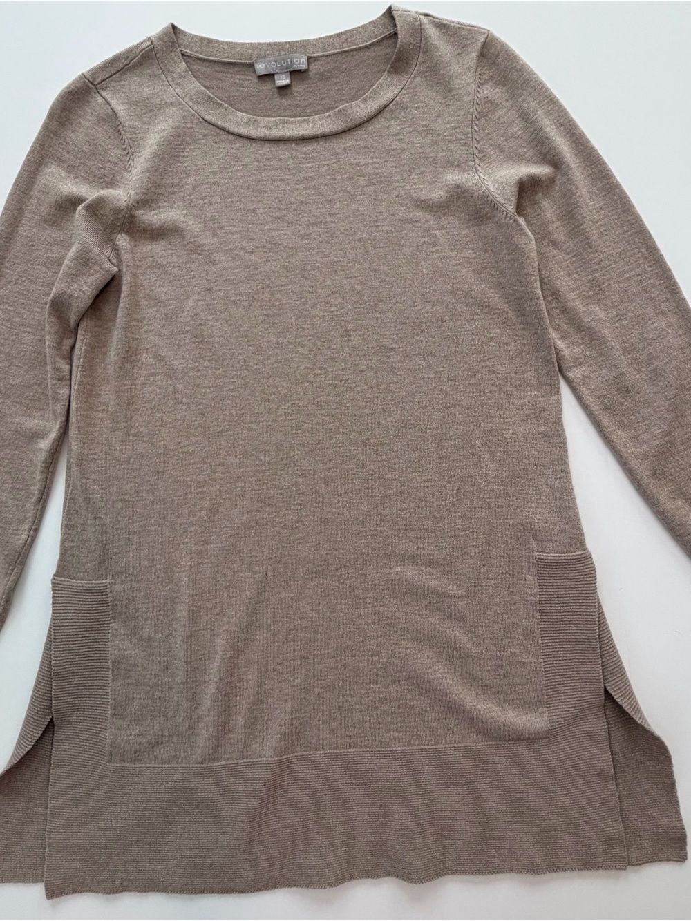 Neutral Taupe Long-Sleeve Tunic Sweater by Evolution-XS